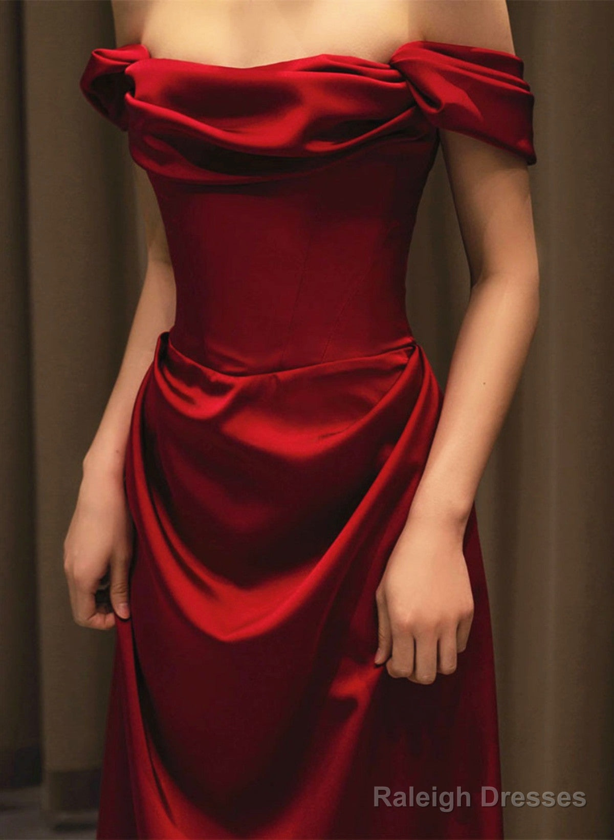 Wine Red Satin Off Shoulder Long Formal Gown, Wine Red Satin Prom Dress Secondary image