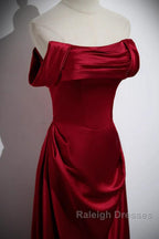 Wine Red Satin Off Shoulder Long Prom Dresses A-Line Satin Prom Dresses
