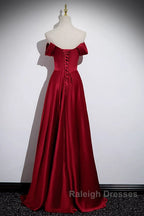 Wine Red Satin Off Shoulder Long Prom Dresses A-Line Satin Prom Dresses