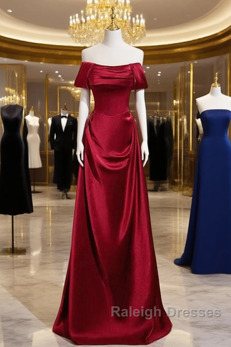 Wine Red Satin Off Shoulder Long Prom Dresses A-Line Satin Prom Dresses