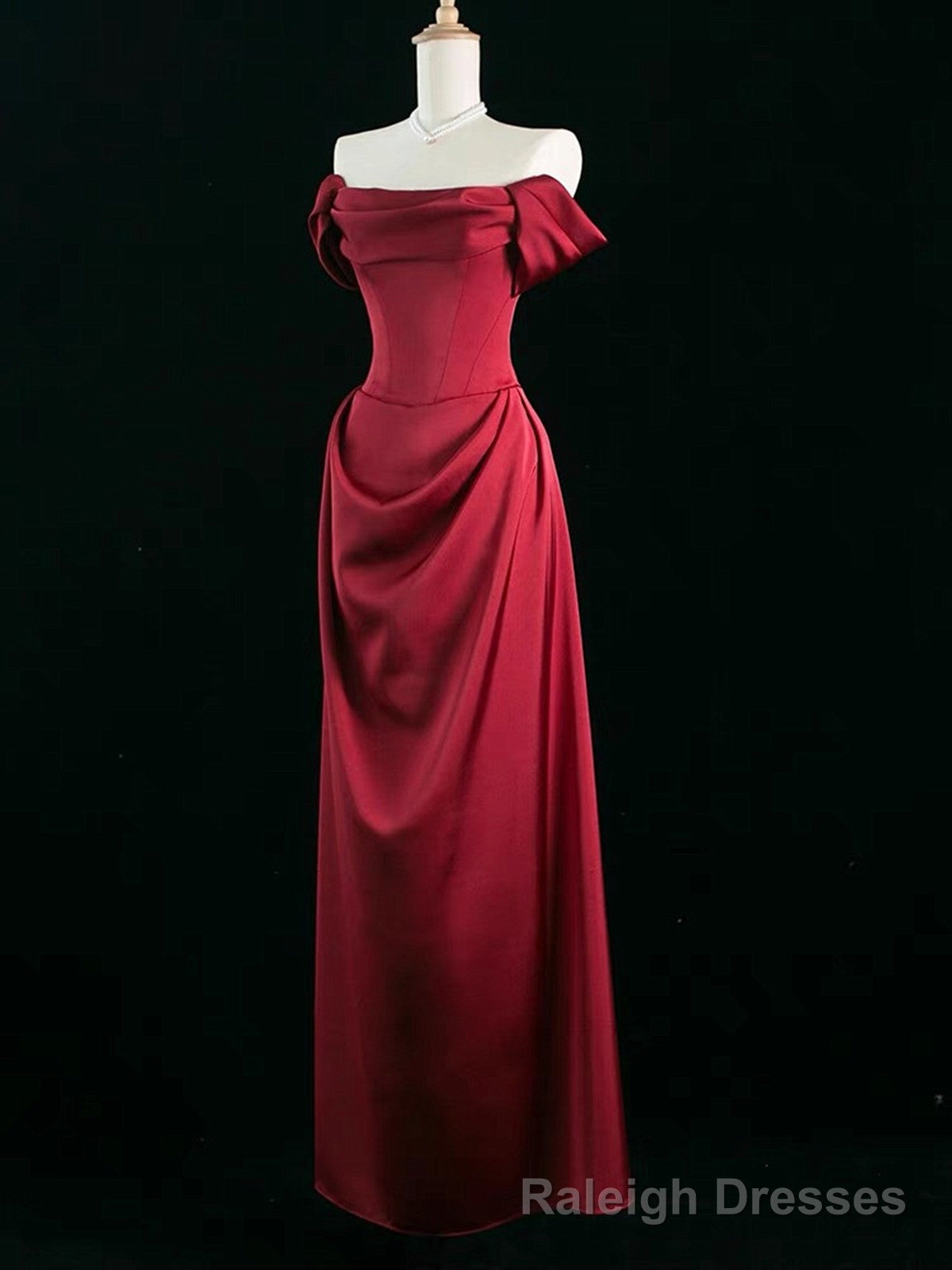 Wine Red Satin Off Shoulder Long Party Dress, Wine Red Satin Prom Dress Secondary image
