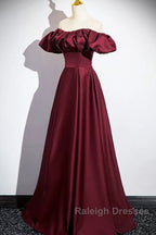 Wine Red Satin Off Shoulder Long Party Dress, Wine Red Satin Prom Dress