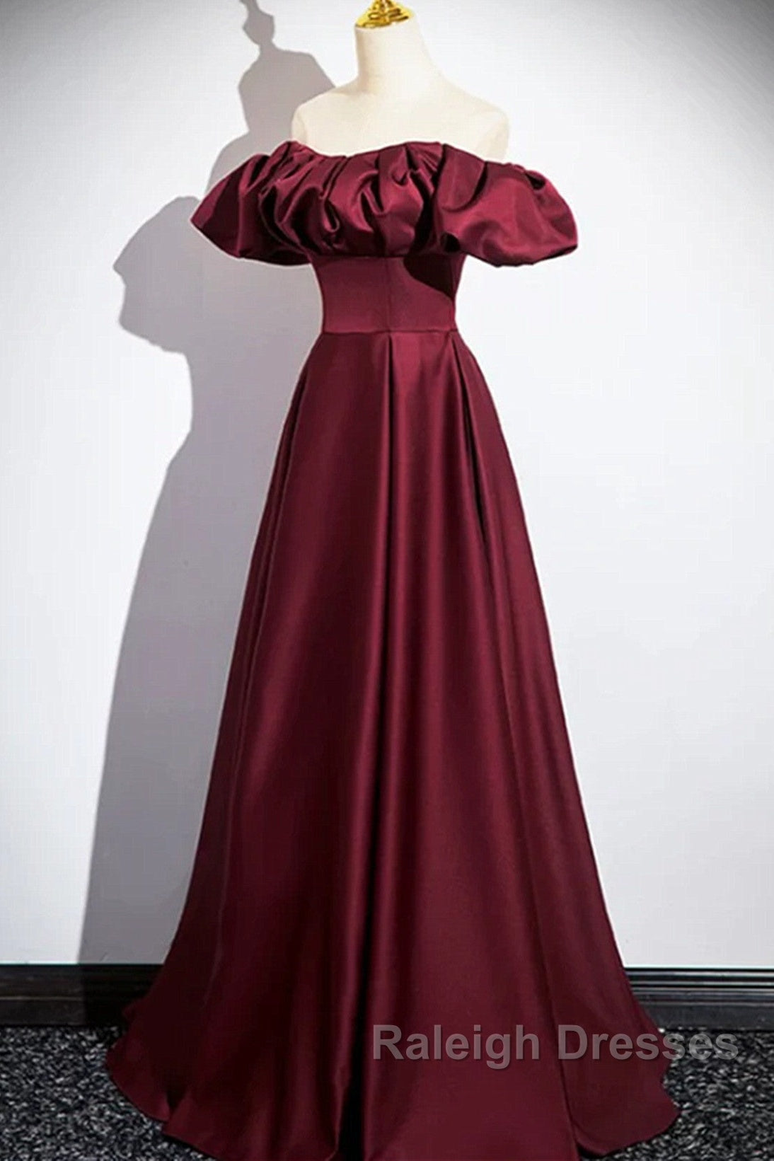Wine Red Satin Off Shoulder Long Party Dress, Wine Red Satin Prom Dress