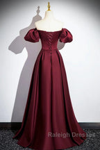 Wine Red Satin Off Shoulder Long Party Dress, Wine Red Satin Prom Dress