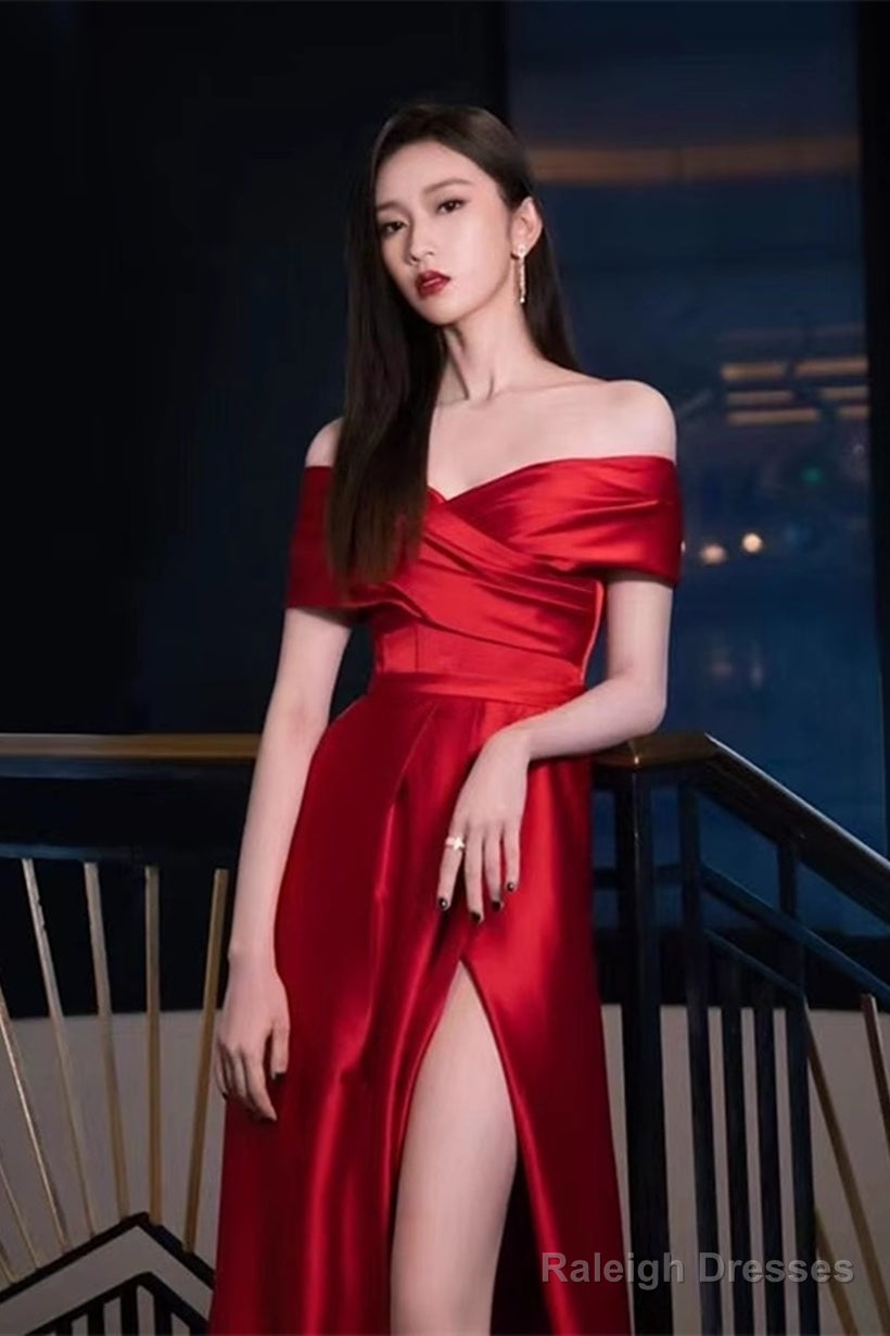 Wine Red Satin Off Shoulder Long Party Dress With Leg Slit, Wine Red Long Prom Dress Secondary image