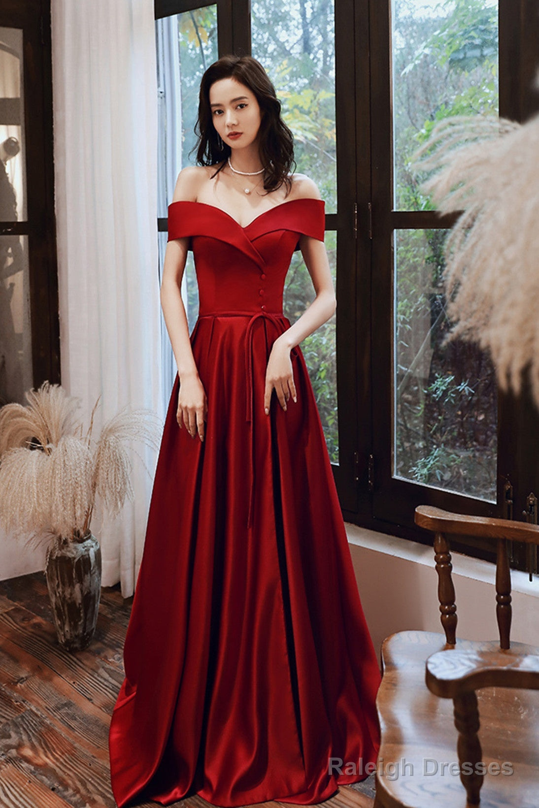 Wine Red Satin Off Shoulder Long Prom Dress With Leg Slit, Wine Red Evening Dress Main image