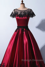 Wine Red Satin Round Neckline With Black Lace Prom Dresses Wine Red Prom Dresses