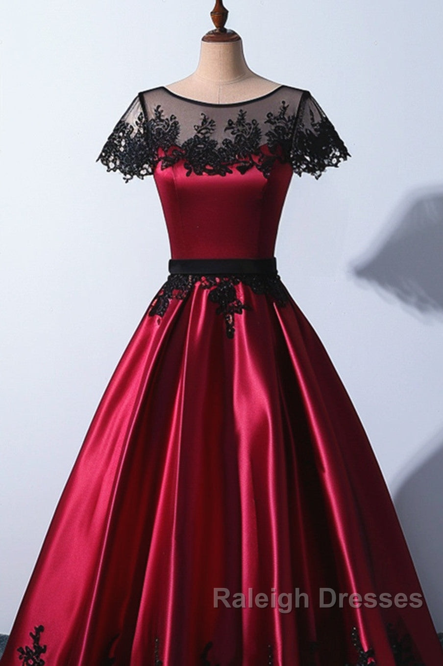 Wine Red Satin Round Neckline With Black Lace Prom Dresses Wine Red Prom Dresses