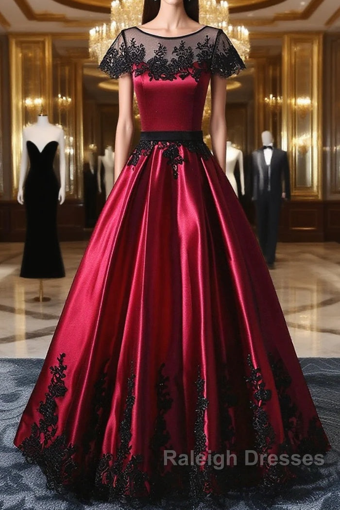 Wine Red Satin Round Neckline With Black Lace Party Dress, Wine Red Prom Dress Main image