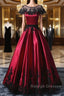 Wine Red Satin Round Neckline With Black Lace Party Dress, Wine Red Prom Dress