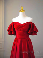 Wine Red Satin Short Sleeves Long Party Dress, Wine Red Satin Prom Dress