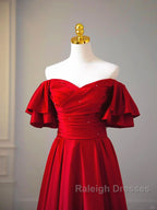 Wine Red Satin Short Sleeves Long Prom Dresses Wine Red Satin Prom Dresses