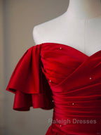Wine Red Satin Short Sleeves Long Prom Dresses Wine Red Satin Prom Dresses