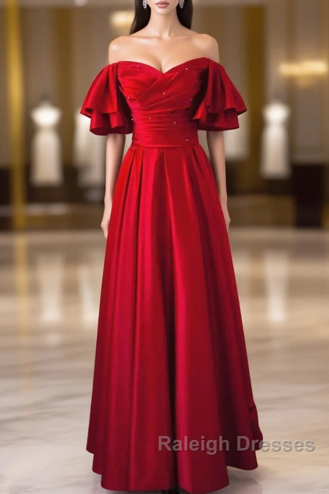 Wine Red Satin Short Sleeves Long Prom Dresses Wine Red Satin Prom Dresses Main image