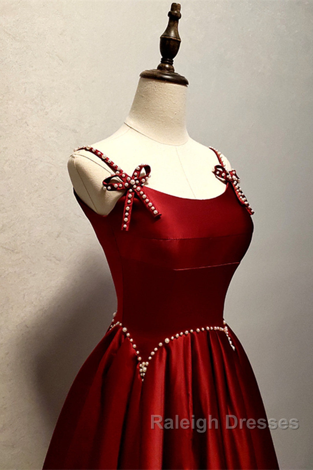 Wine Red Satin Straps Beaded Long Party Dress, Wine Red A-Line Prom Dress Secondary image