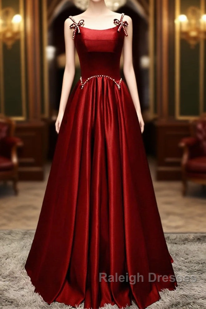 Wine Red Satin Straps Beaded Long Party Dress, Wine Red A-Line Prom Dress Main image