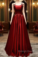 Wine Red Satin Straps Beaded Long Party Dress, Wine Red A-Line Prom Dress