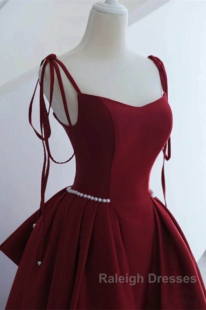 Wine Red Satin Straps Long Party Dress, Wine Red Floor Length Formal Dress Prom Dress Secondary image