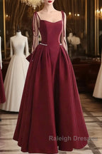 Wine Red Satin Straps Long Party Dress, Wine Red Floor Length Formal Dress Prom Dress
