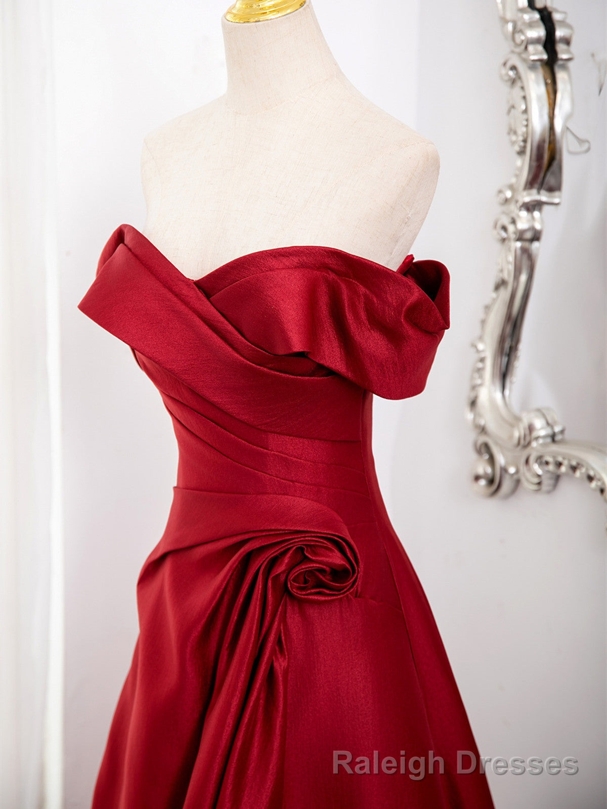 Wine Red Satin Sweetheart Off Shoulder Prom Dress, Wine Red Prom Dress with Leg Slit Secondary image