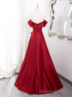 Wine Red Satin Sweetheart Off Shoulder Prom Dress, Wine Red Party Dress with Leg Slit
