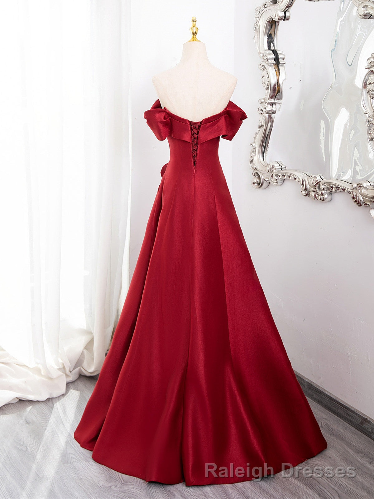 Wine Red Satin Sweetheart Off Shoulder Prom Dress, Wine Red Party Dress with Leg Slit