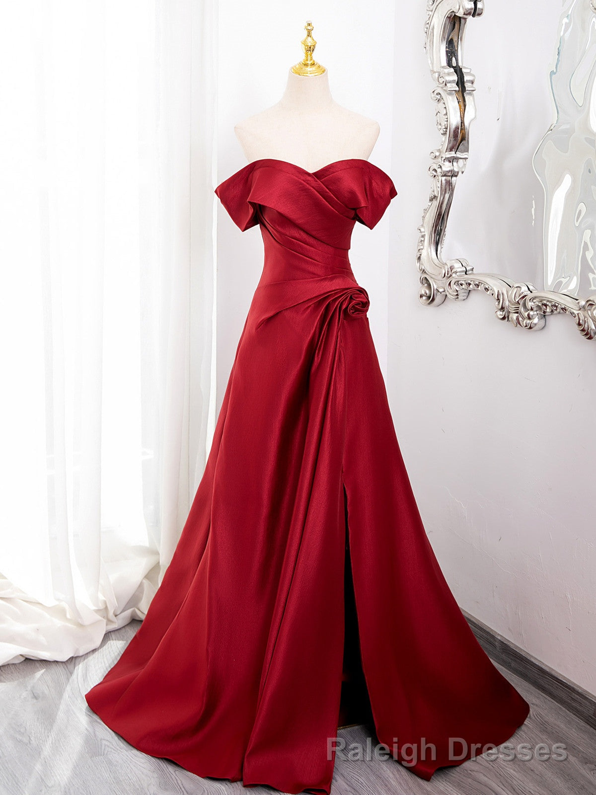 Wine Red Satin Sweetheart Off Shoulder Prom Dress, Wine Red Party Dress with Leg Slit Main image
