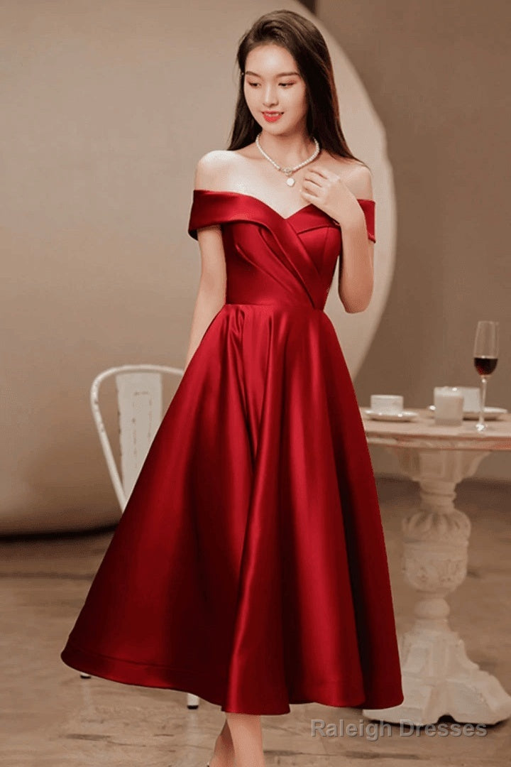 Wine Red Satin Tea Length Bridesmaid Dresses Prom Dresses Burgundy Satin Homecoming Dresses
