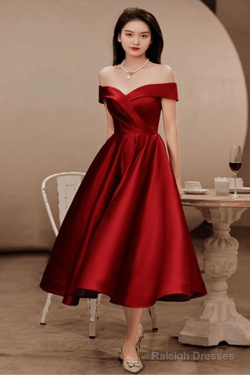 Wine Red Satin Tea Length Bridesmaid Dress Party Dress, Burgundy Satin Homecoming Dress Main image