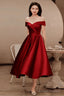 Wine Red Satin Tea Length Bridesmaid Dress Party Dress, Burgundy Satin Homecoming Dress