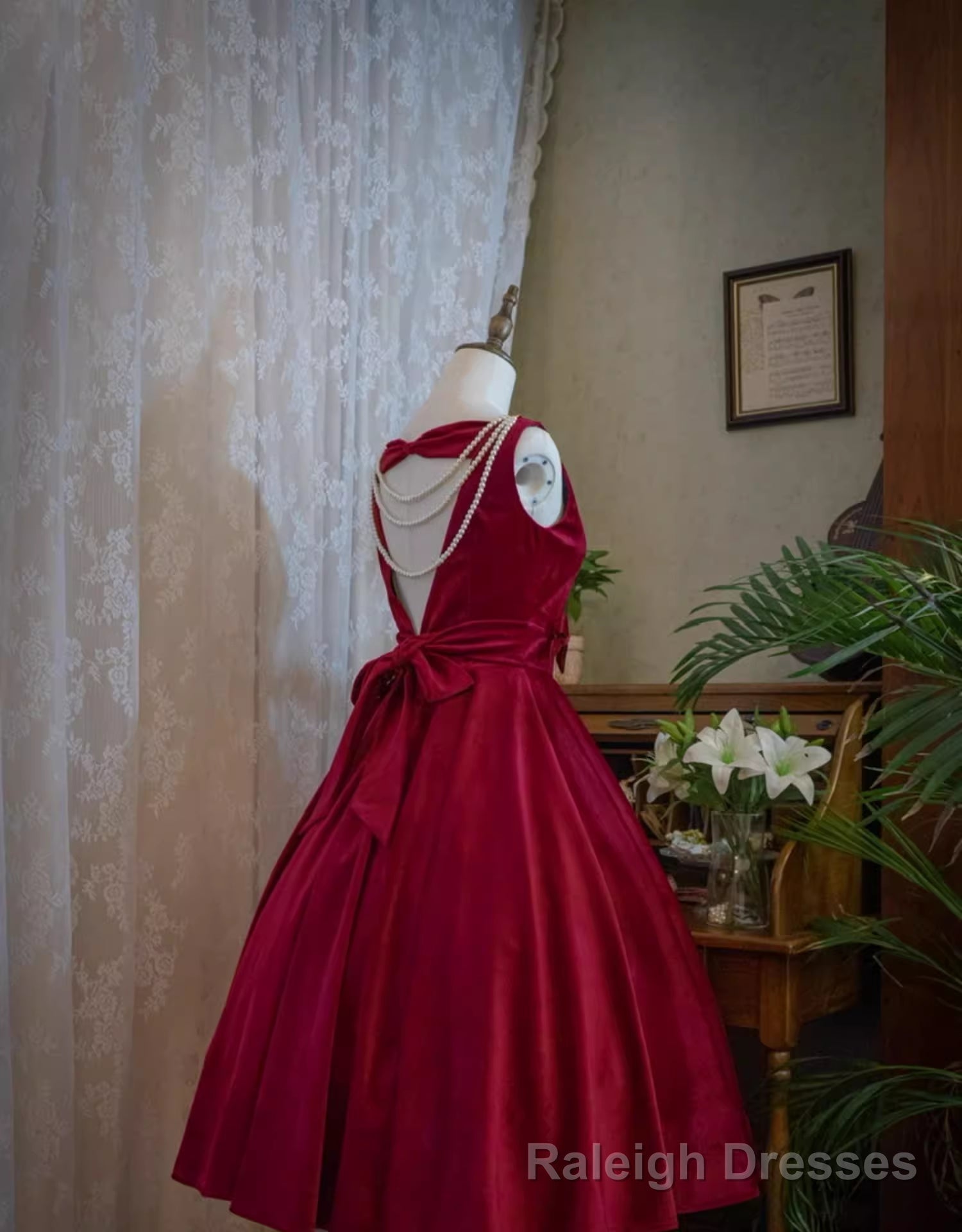 Wine Red Satin Tea Length Prom Dress with Bow, Wine Red Wedding Prom Dress Secondary image