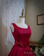Wine Red Satin Tea Length Party Dress with Bow, Wine Red Wedding Party Dress