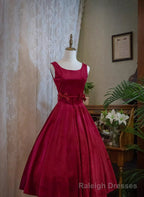 Wine Red Satin Tea Length Party Dress with Bow, Wine Red Wedding Party Dress