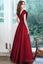 Wine Red Satin V-Neckline Floor Length Party Dress, Wine Red Satin Prom Dress