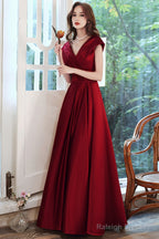 Wine Red Satin V-Neckline Floor Length Party Dress, Wine Red Satin Prom Dress