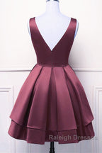 Wine Red Satin V-Neckline Short Party Dress, Wine Red Homecoming Dress