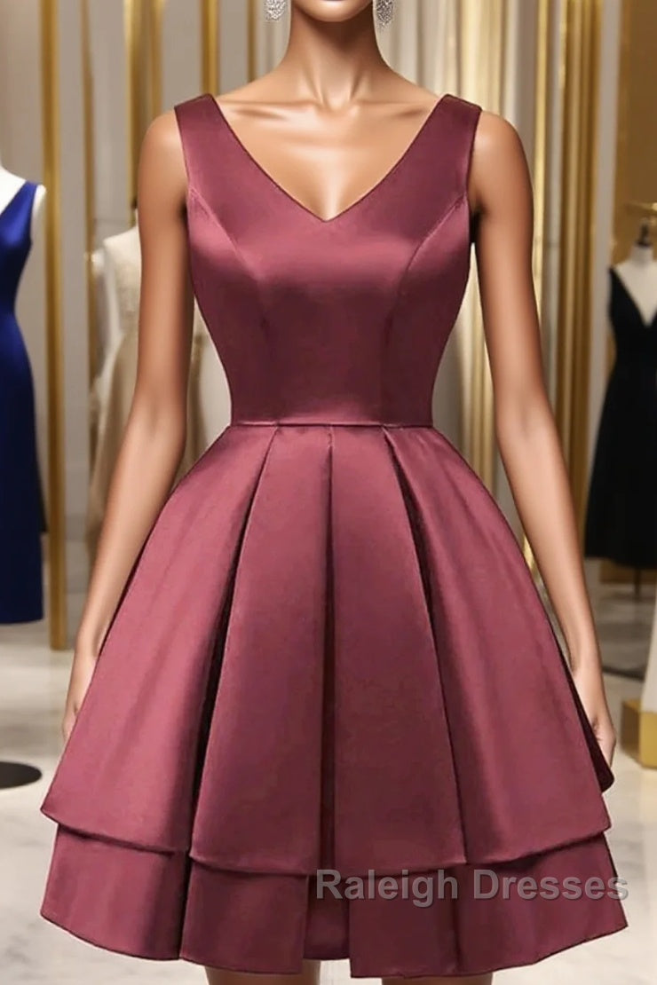 Wine Red Satin V-Neckline Short Party Dress, Wine Red Homecoming Dress Main image