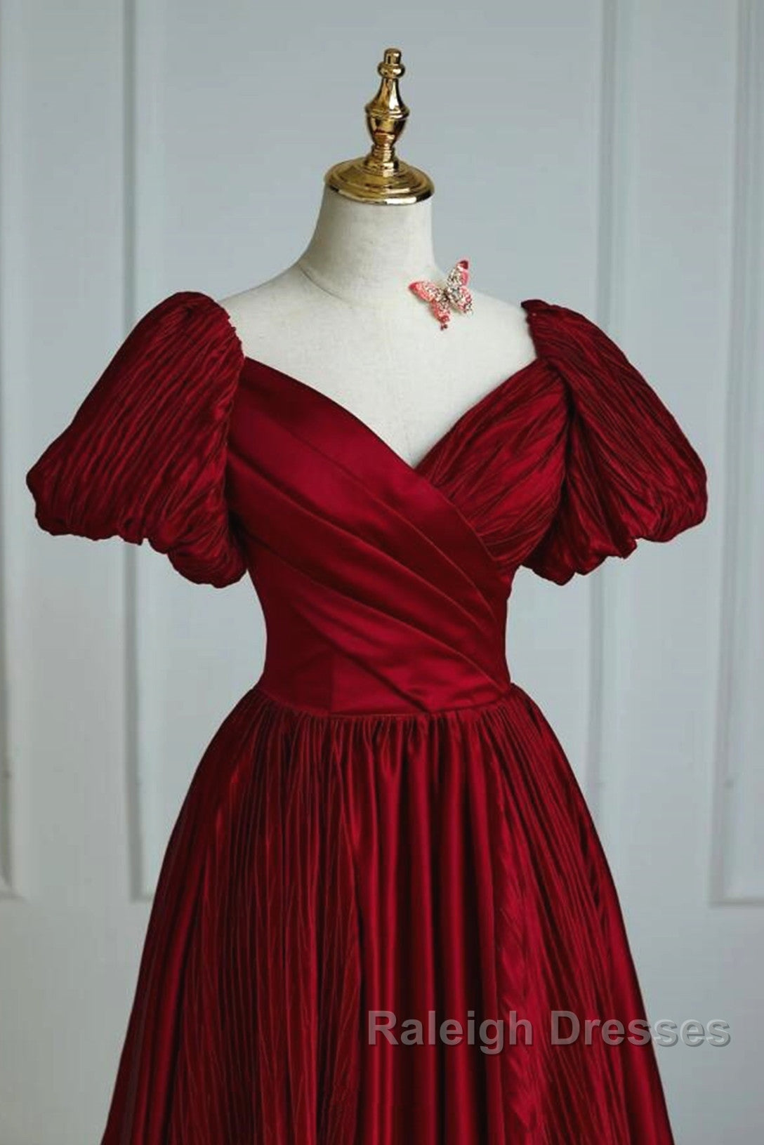 Wine Red Satin V-Neckline Short Sleeves Prom Dress, Wine Red Long Party Dress Secondary image