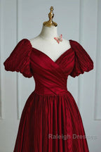 Wine Red Satin V Neckline Short Sleeves Prom Dresses Wine Red Long Prom Dresses