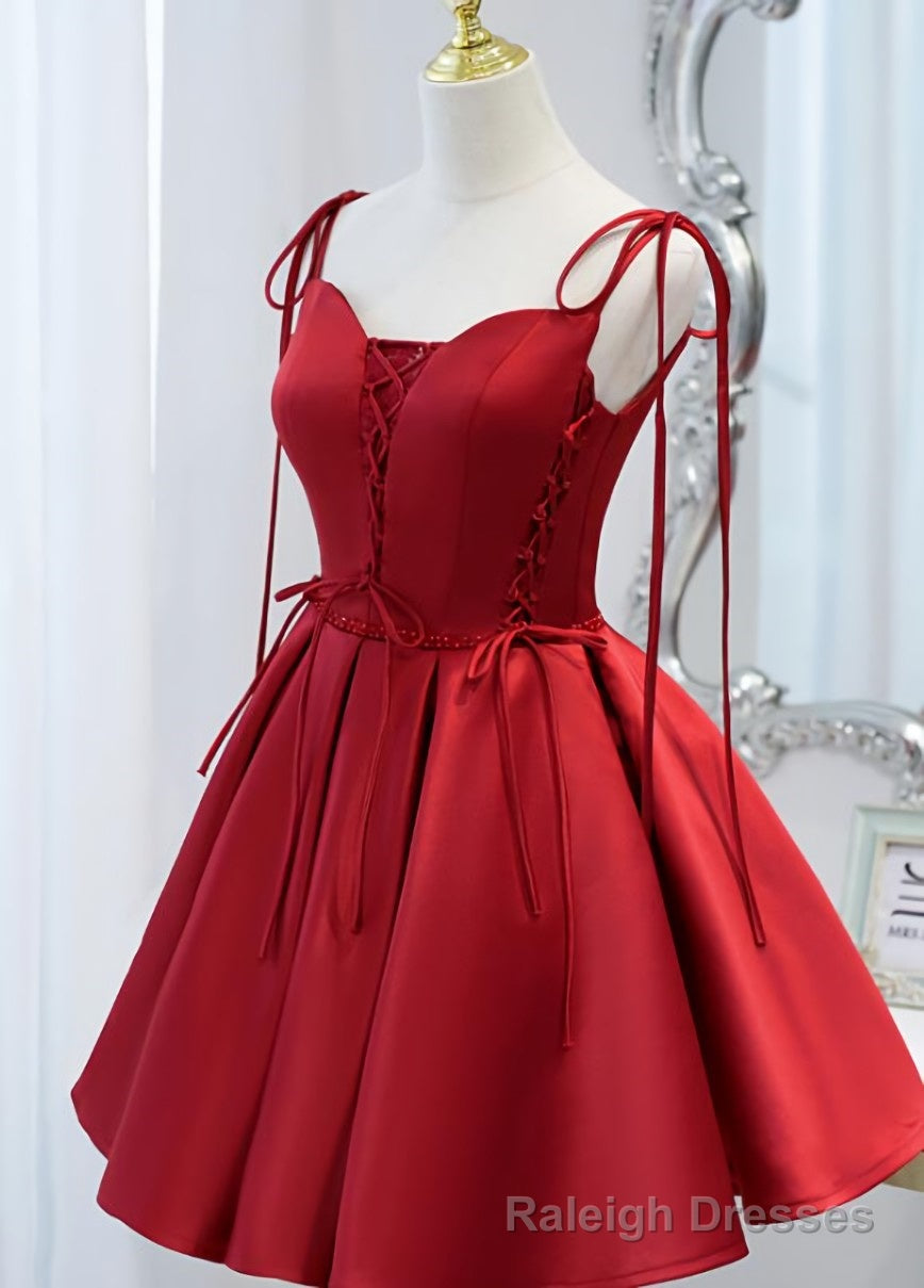 Wine Red Satin V Neckline Straps Beaded Short Prom Dress, Wine Red Prom Dresses Main image