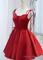 Wine Red Satin V Neckline Straps Beaded Short Prom Dress, Wine Red Prom Dresses