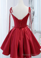 Wine Red Satin V-neckline Straps Beaded Short Prom Dress, Wine Red Party Dresses