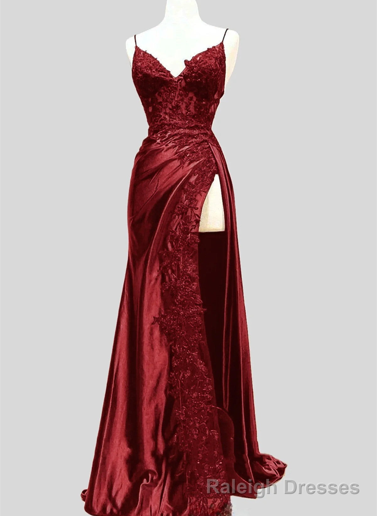 Wine Red Satin with Lace Formal Dress, Wine Red Evening Dress Prom Dress Main image