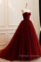 Wine Red Scoop Sweetheart Tulle Ball Gown Prom Dresses Wine Red Tulle Prom Dresses