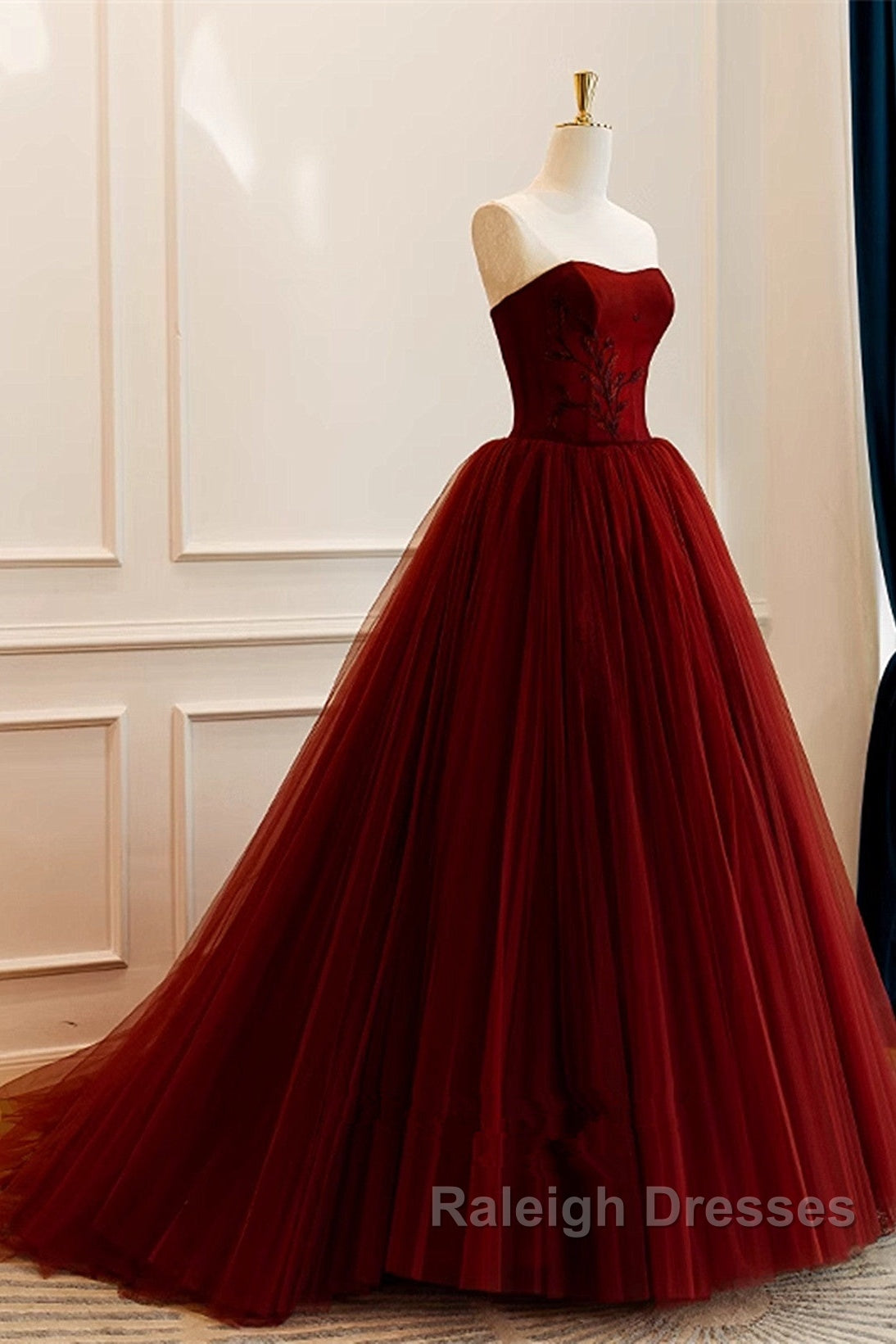 Wine Red Scoop Sweetheart Tulle Ball Gown Prom Dresses Wine Red Tulle Prom Dresses