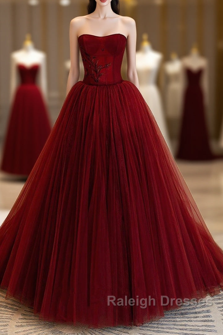 Wine Red Scoop Sweetheart Tulle Ball Gown Prom Dress, Wine Red Tulle Evening Dress Main image
