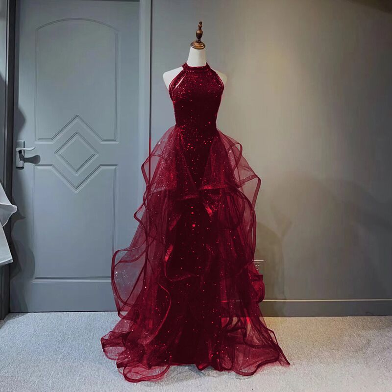 Wine Red Sequins And Tulle Halter Long Prom Dress, Wine Red Evening Dress Secondary image