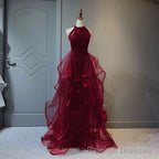 Wine Red Sequins and Tulle Halter Long Prom Dress, Wine Red Evening Dress