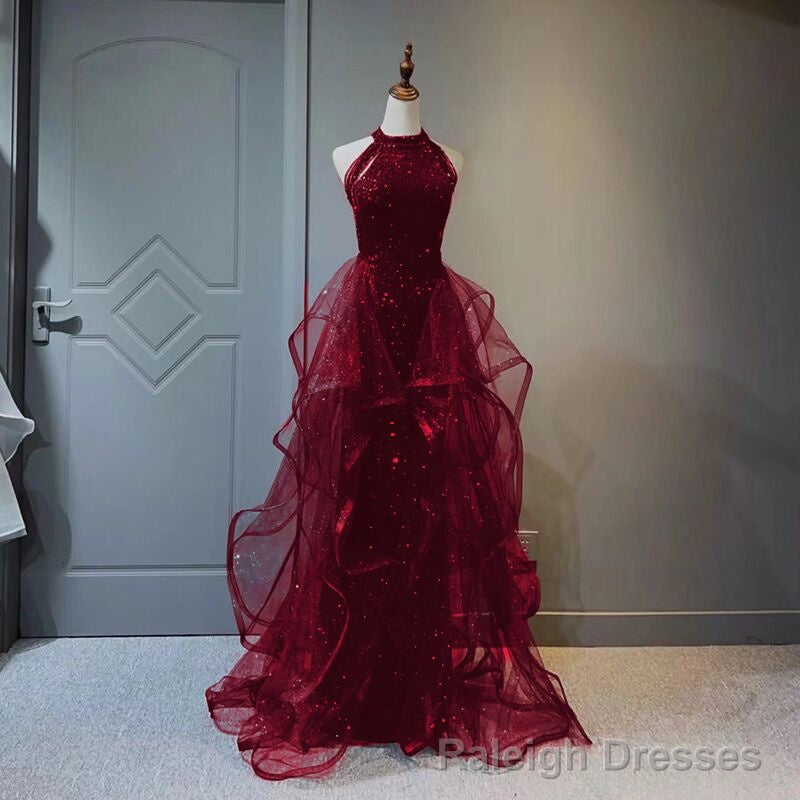 Wine Red Sequins and Tulle Halter Long Prom Dress, Wine Red Evening Dress