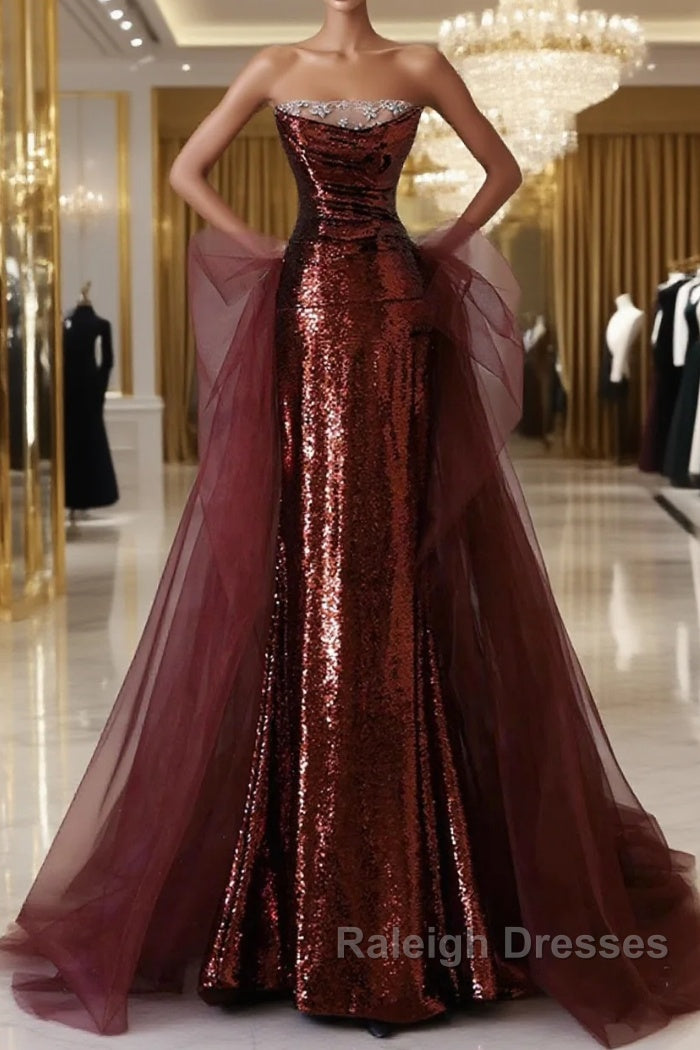 Wine Red Sequins And Tulle Long Formal Dress, Wine Red Prom Dress Main image